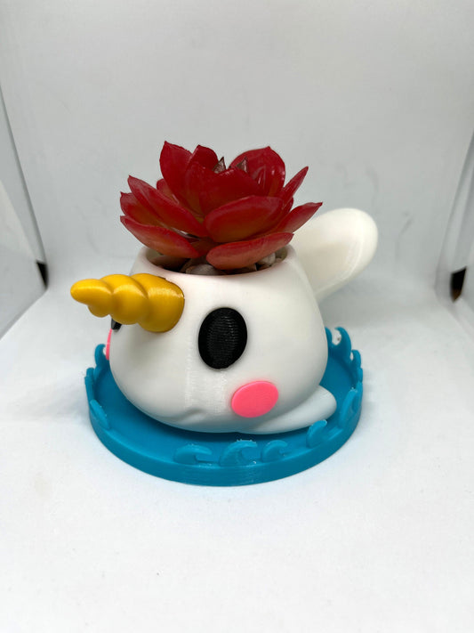 Cute kawaii narwhal pot planter for office desk decor